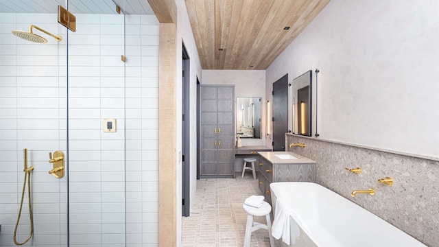 bathroom with wooden ceiling, a soaking tub, vanity, and tiled shower