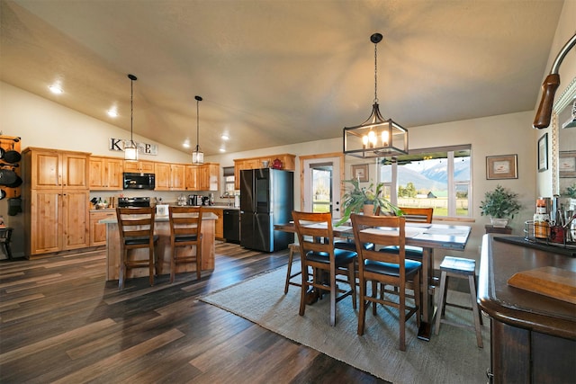 dining area with an inviting chandelier, recessed lighting, dark wood finished floors, and lofted ceiling