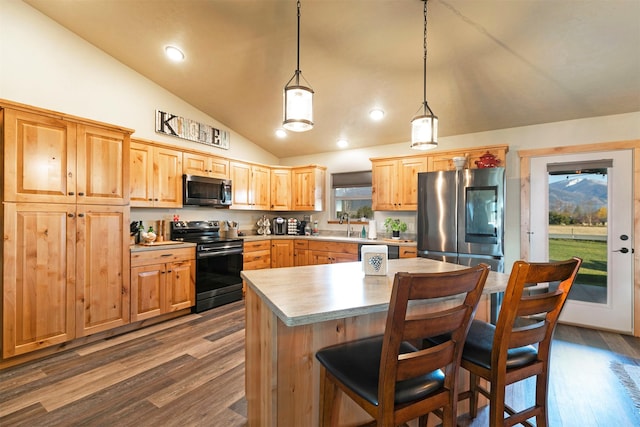 kitchen with appliances with stainless steel finishes, vaulted ceiling, a sink, light countertops, and dark wood-type flooring