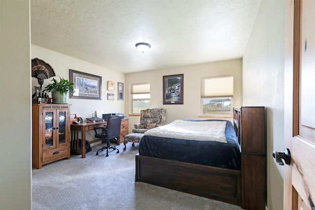 bedroom with carpet and a textured ceiling