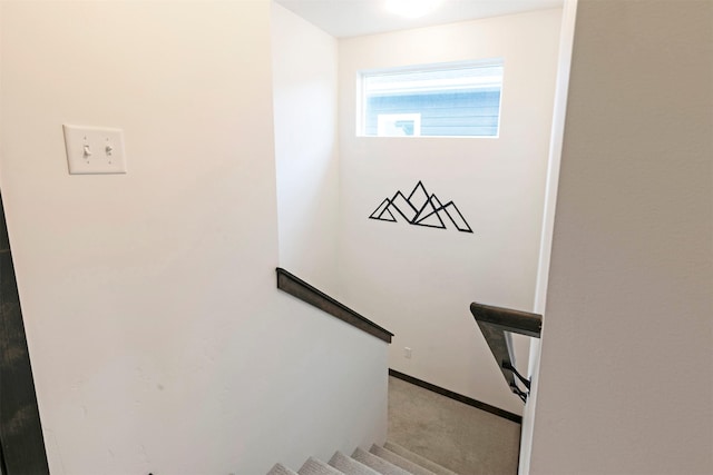 staircase featuring carpet floors and baseboards