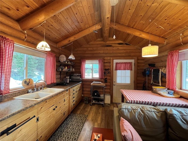 557 Crows Nest Main St, Haugan, MT 59842 - kitchen featuring a sink, log walls, lofted ceiling with beams, and dark wood-style floors