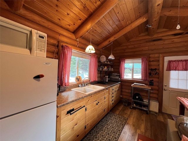 557 Crows Nest Main St, Haugan, MT 59842 - kitchen with dark wood-style flooring, rustic walls, white appliances, wooden ceiling, and a sink