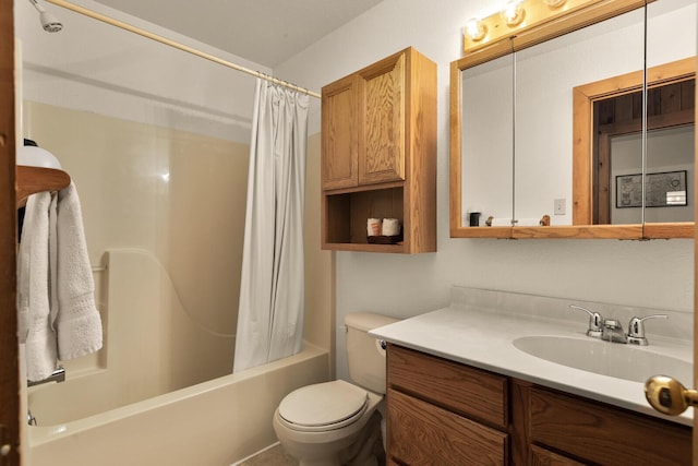full bath featuring toilet, shower / bath combination with curtain, and vanity