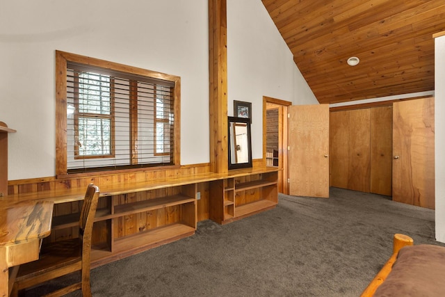 interior space with carpet floors, high vaulted ceiling, and wooden ceiling