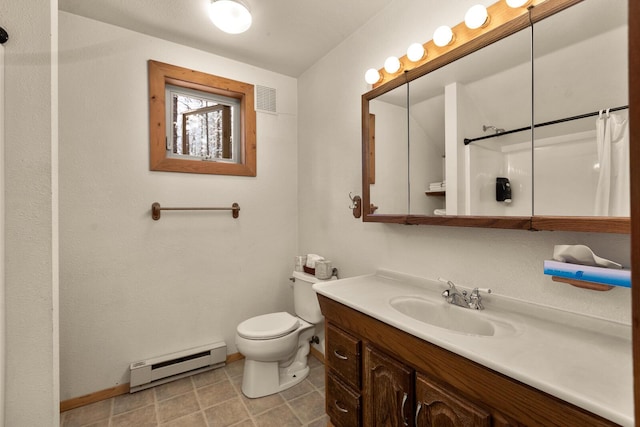 full bath featuring visible vents, vanity, baseboards, a baseboard heating unit, and toilet