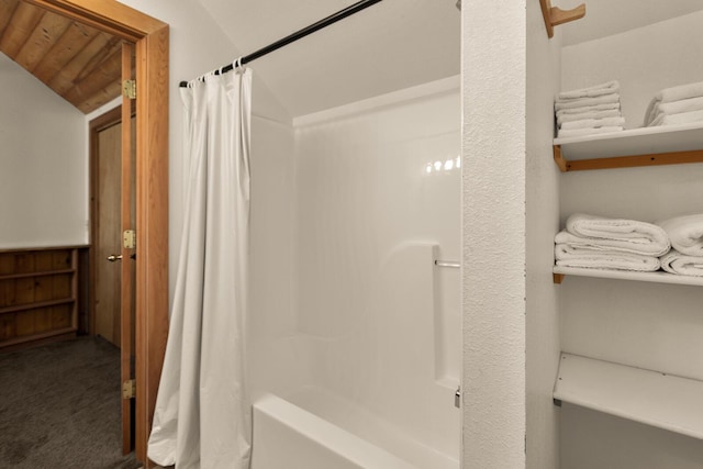 full bathroom with shower / bath combination with curtain