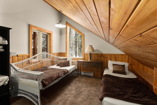 living area with a baseboard radiator, wainscoting, wooden walls, and vaulted ceiling