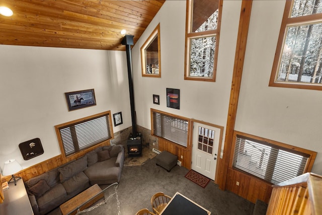 living room featuring carpet floors, wood ceiling, a healthy amount of sunlight, and a wood stove