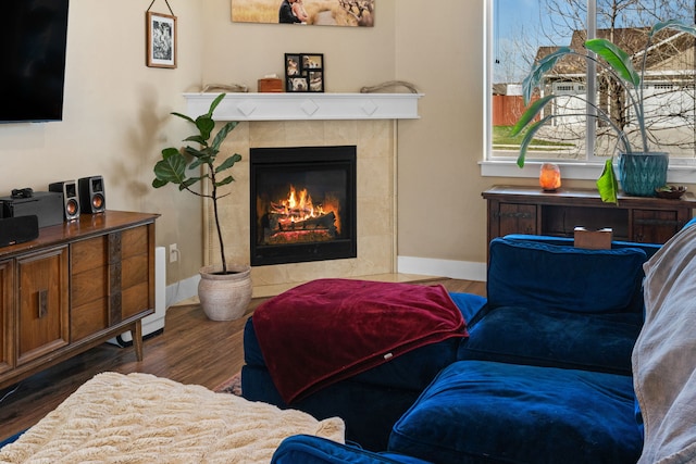 living room with baseboards, wood finished floors, and a tile fireplace