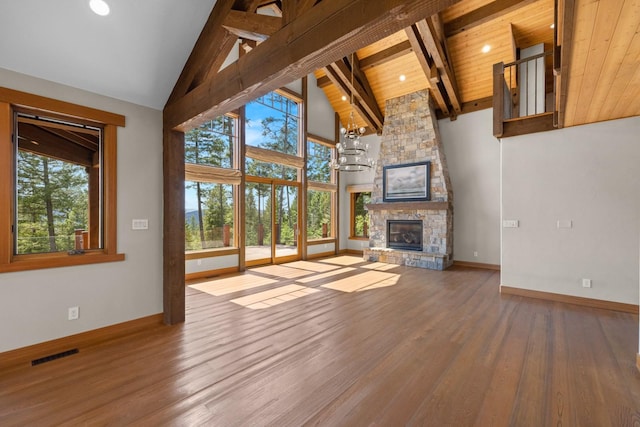 unfurnished living room featuring wood ceiling, visible vents, wood finished floors, and a wealth of natural light
