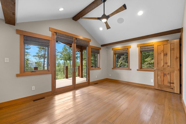 spare room featuring baseboards, vaulted ceiling with beams, recessed lighting, a ceiling fan, and light wood-style flooring