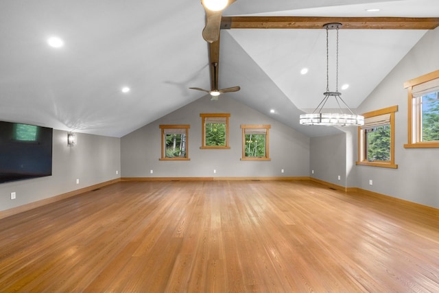 bonus room featuring light wood-type flooring, baseboards, ceiling fan with notable chandelier, vaulted ceiling with beams, and recessed lighting
