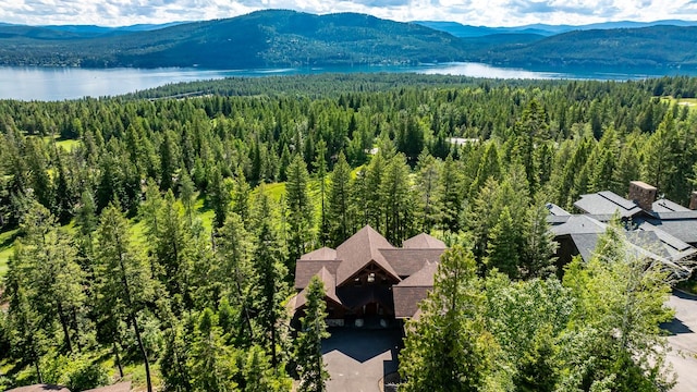 birds eye view of property with a water and mountain view and a wooded view