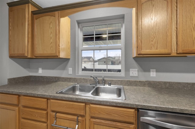 208 40th Ave NE, Great Falls, MT 59404 - kitchen with stainless steel dishwasher, dark countertops, and a sink