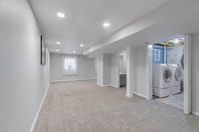 208 40th Ave NE, Great Falls, MT 59404 - basement with washing machine and clothes dryer, recessed lighting, baseboards, and light colored carpet