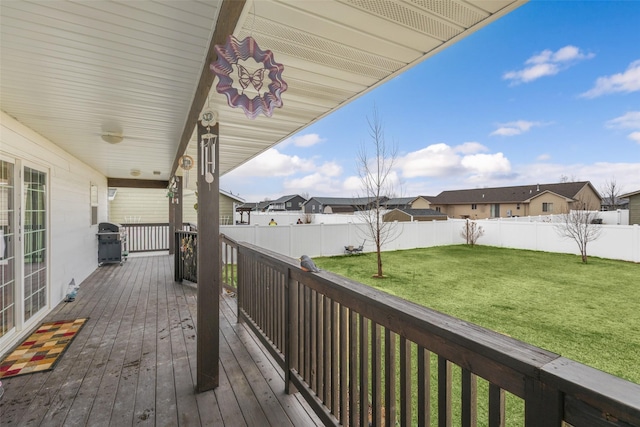 208 40th Ave NE, Great Falls, MT 59404 - wooden terrace with a yard, a residential view, a fenced backyard, and a grill