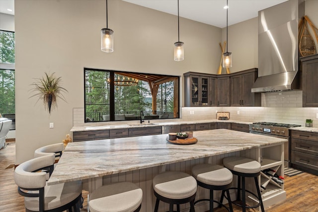 14 Marina Crest Ln, Whitefish, MT 59937 - kitchen featuring wall chimney range hood, dark brown cabinetry, backsplash, appliances with stainless steel finishes, and a sink