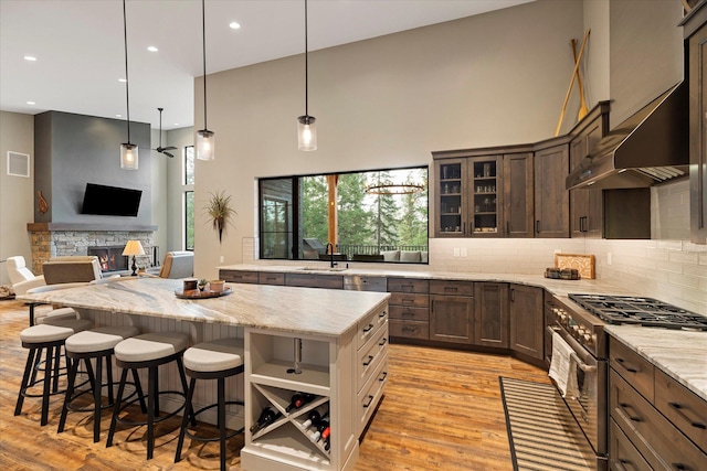 14 Marina Crest Ln, Whitefish, MT 59937 - kitchen with dark brown cabinetry, a sink, stainless steel stove, and light wood-style flooring