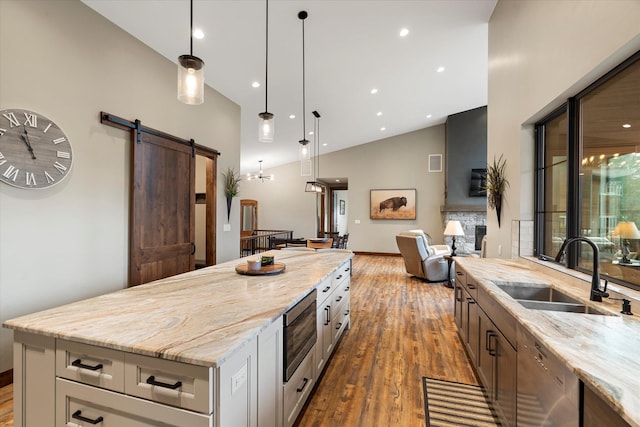 14 Marina Crest Ln, Whitefish, MT 59937 - kitchen featuring a sink, wood finished floors, light stone countertops, and stainless steel appliances