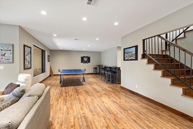 14 Marina Crest Ln, Whitefish, MT 59937 - recreation room featuring visible vents, wood finished floors, baseboards, a bar, and recessed lighting