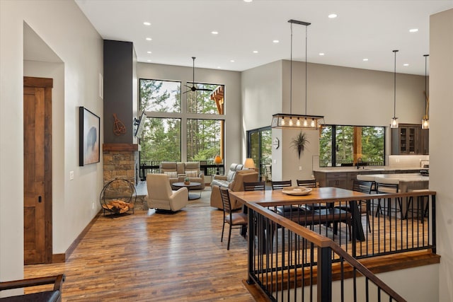 14 Marina Crest Ln, Whitefish, MT 59937 - dining room featuring a high ceiling, recessed lighting, and wood finished floors