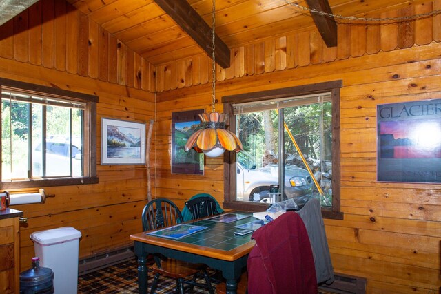 dining area with wood ceiling, wood walls, and a wealth of natural light
