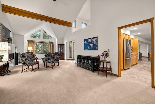 living room with light colored carpet, beam ceiling, high vaulted ceiling, baseboards, and recessed lighting