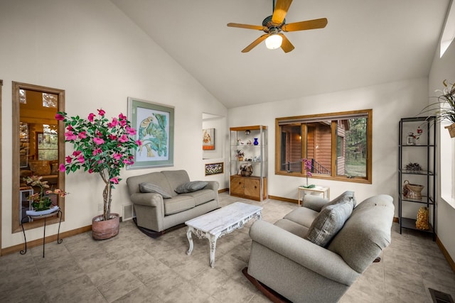 living room with visible vents, baseboards, ceiling fan, and high vaulted ceiling