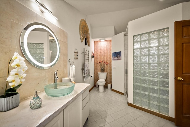 bathroom with vanity, a walk in shower, and toilet