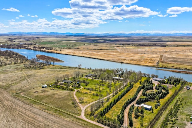 bird's eye view with a rural view and a water and mountain view
