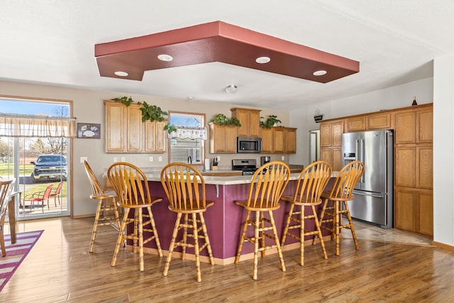kitchen with stainless steel appliances, a kitchen breakfast bar, a healthy amount of sunlight, and light wood-style flooring