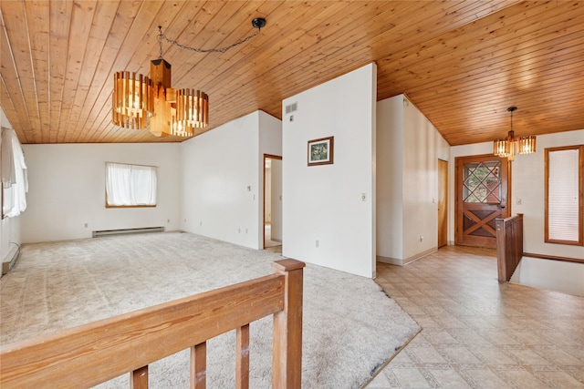 interior space with vaulted ceiling, wooden ceiling, a baseboard heating unit, and a chandelier