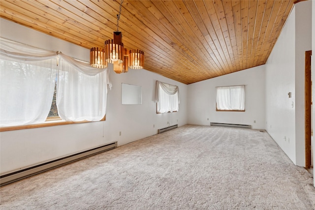 bonus room with wood ceiling, baseboard heating, and a chandelier