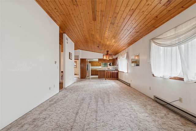 unfurnished living room with wood ceiling, a baseboard heating unit, and light colored carpet