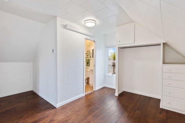 additional living space featuring dark wood-type flooring, baseboards, and lofted ceiling