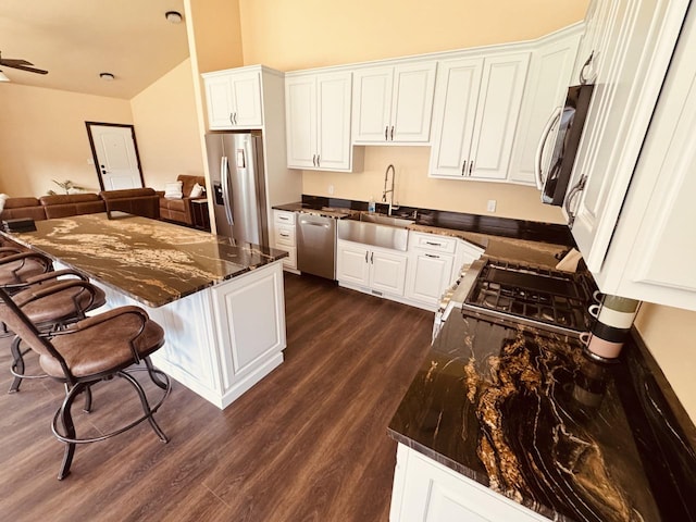 29 Shoreline Dr, Thompson Falls, MT 59873 - kitchen featuring stainless steel appliances, a sink, open floor plan, dark wood-type flooring, and white cabinetry