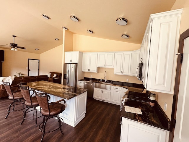 29 Shoreline Dr, Thompson Falls, MT 59873 - kitchen featuring a sink, dark countertops, stainless steel appliances, ceiling fan, and dark wood-type flooring