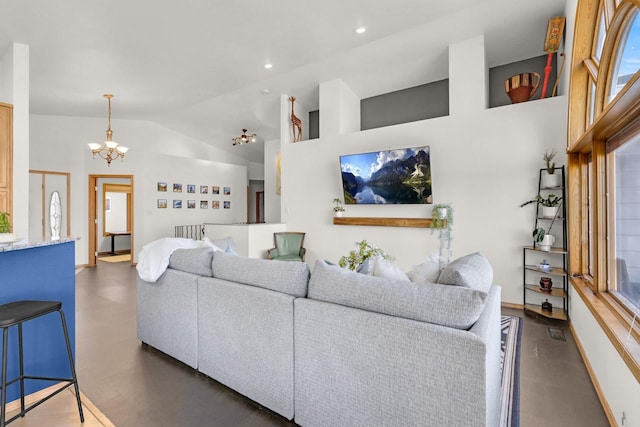 2301 Larkspur Ln, Great Falls, MT 59404 - living room with recessed lighting, concrete flooring, a chandelier, and vaulted ceiling