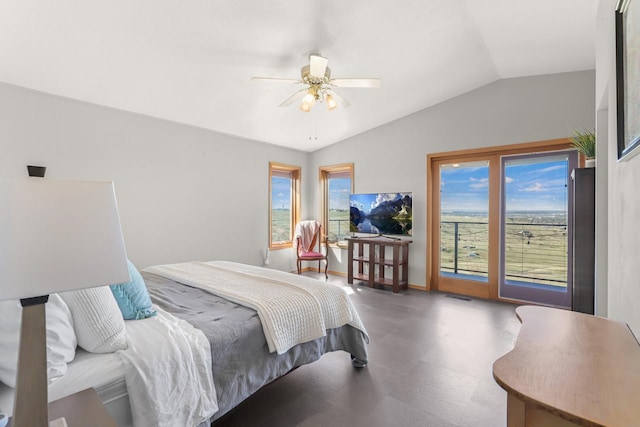 2301 Larkspur Ln, Great Falls, MT 59404 - bedroom with access to outside, a ceiling fan, and lofted ceiling