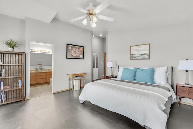 2301 Larkspur Ln, Great Falls, MT 59404 - bedroom with baseboards, connected bathroom, and ceiling fan