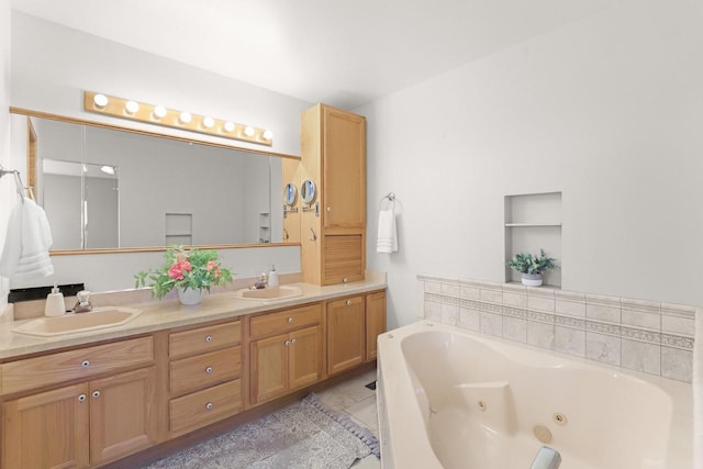 2301 Larkspur Ln, Great Falls, MT 59404 - bathroom with double vanity, tile patterned floors, a sink, and a whirlpool tub