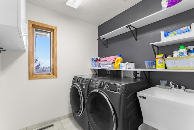 2301 Larkspur Ln, Great Falls, MT 59404 - laundry area featuring laundry area, visible vents, a sink, baseboards, and separate washer and dryer
