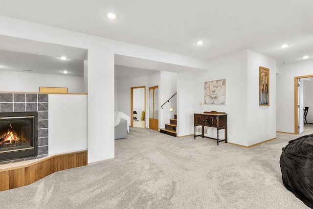 2301 Larkspur Ln, Great Falls, MT 59404 - living room featuring recessed lighting, carpet, a fireplace, and stairway