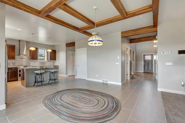 5010 Jeff Dr, Missoula, MT 59803 - interior space with light tile patterned floors, baseboards, beamed ceiling, and visible vents