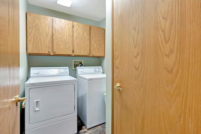 laundry area with cabinet space, washer and clothes dryer, and wood finished floors