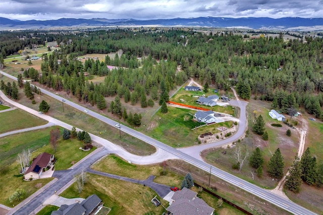 aerial view featuring a mountain view and a wooded view