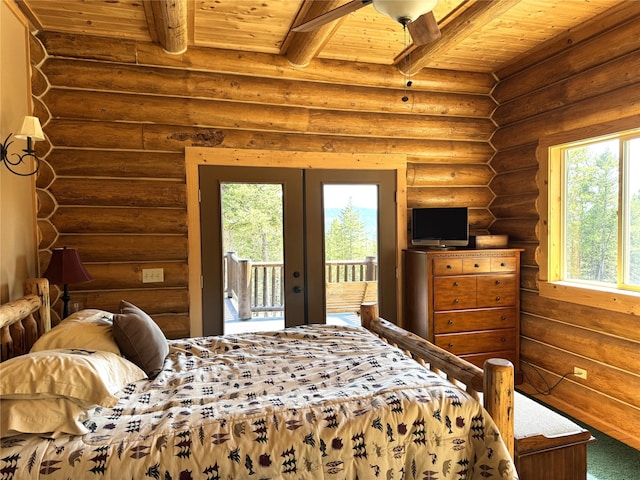 bedroom featuring french doors, access to outside, rustic walls, and wood ceiling