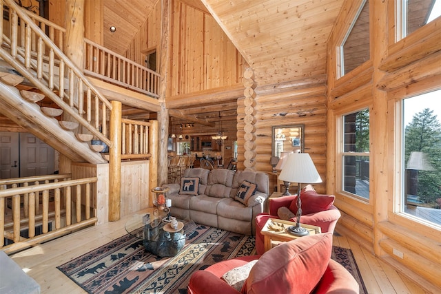550 Jackson Meadows Rd, Kila, MT 59920 - living room with rustic walls, high vaulted ceiling, hardwood / wood-style flooring, wooden ceiling, and stairs