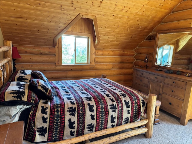 bedroom with wooden ceiling, log walls, and lofted ceiling